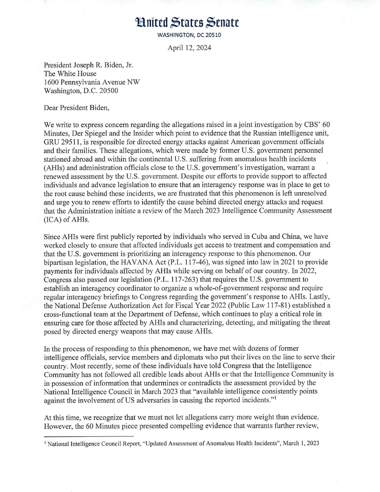 Письмо сенаторов президенту США