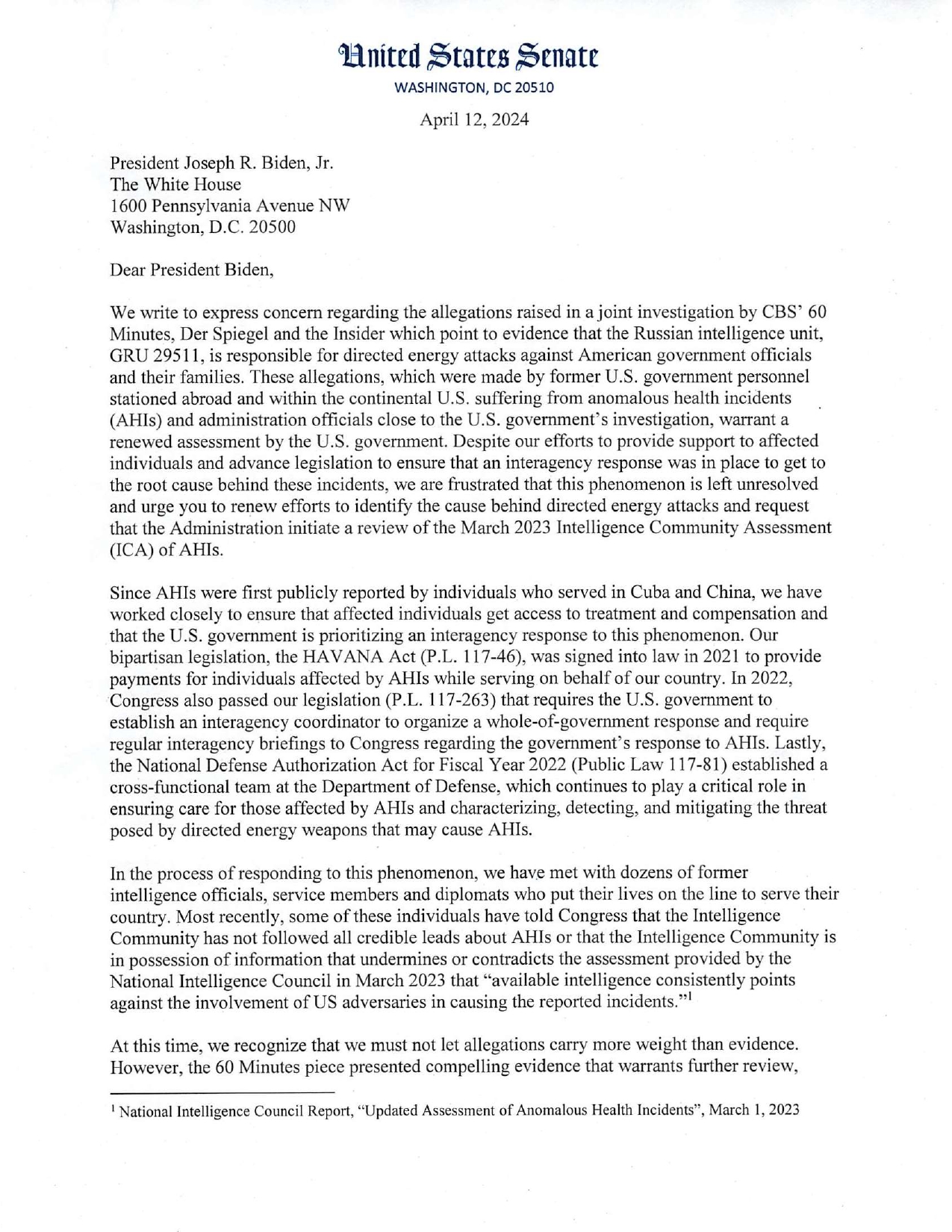 Письмо сенаторов президенту США